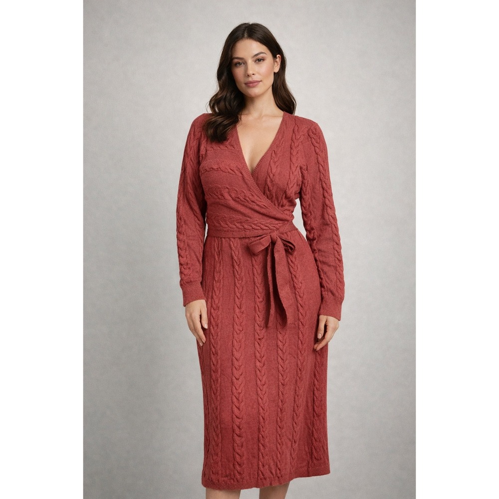 Chicme Coral Cable Knit Wrap Sweater Dress Long Sleeve Tie Waist Midi Size‎ L